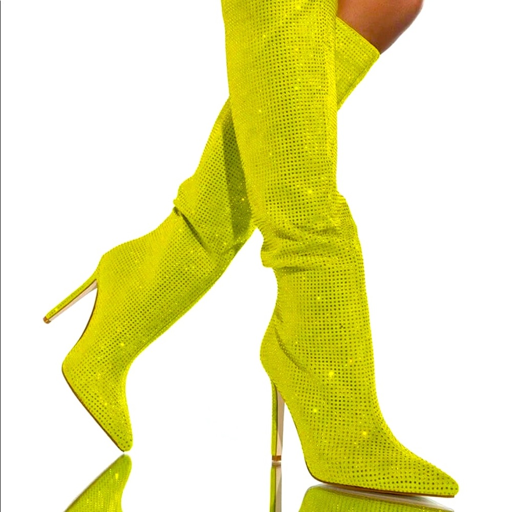 AZALEA WANG TURN THE LIGHTS ON GREEN RHINESTONE PHOEBE BOOTS